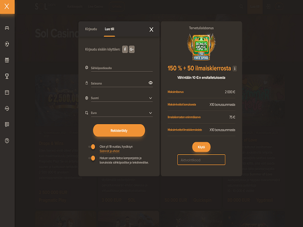 Sol casino - Регистрация на официальном сайте, Бонусы